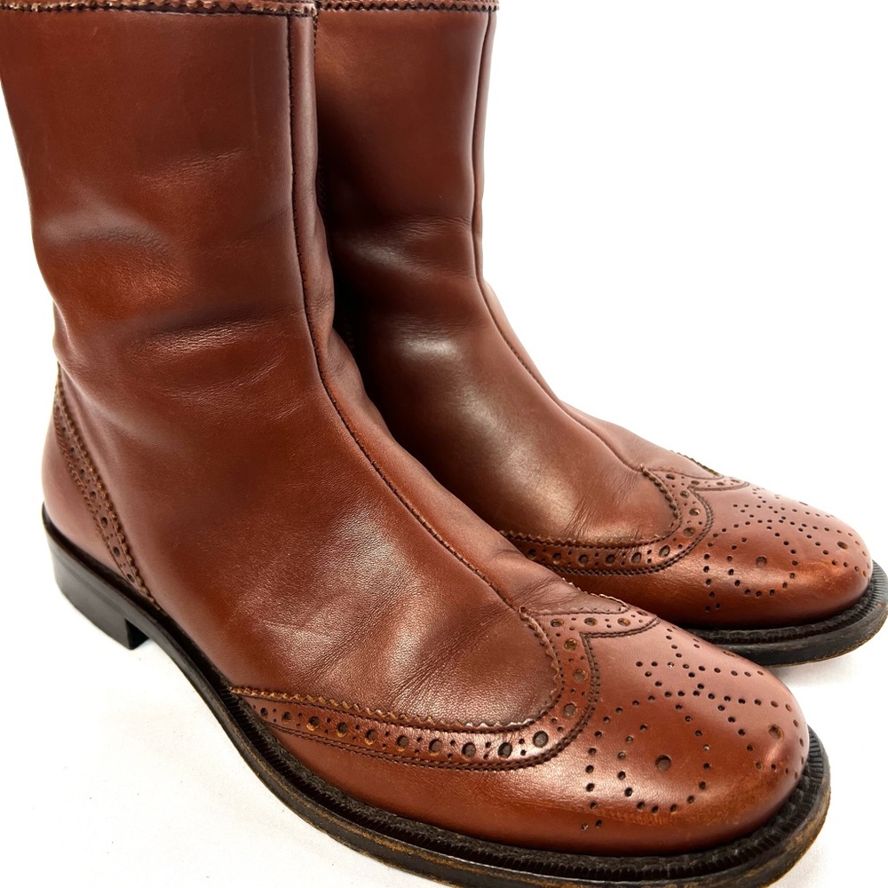 Miu Miu Brown Leather Brogue Chelsea Boots Wingtip Zip Booties EU 38 US 8